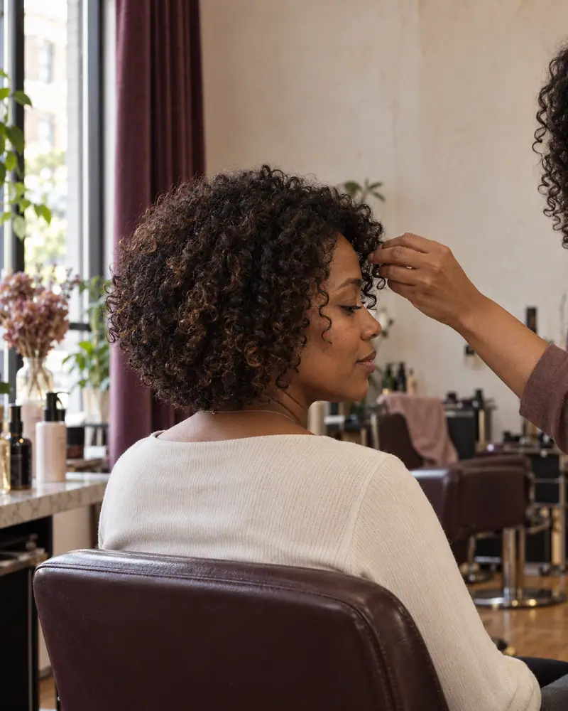 A client with curly hair, seen in profile, as a stylist shapes a curl.