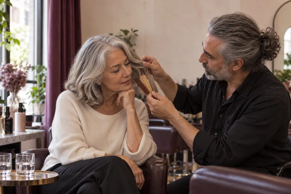 A stylist shows colour sample strands to a client with silver hair.